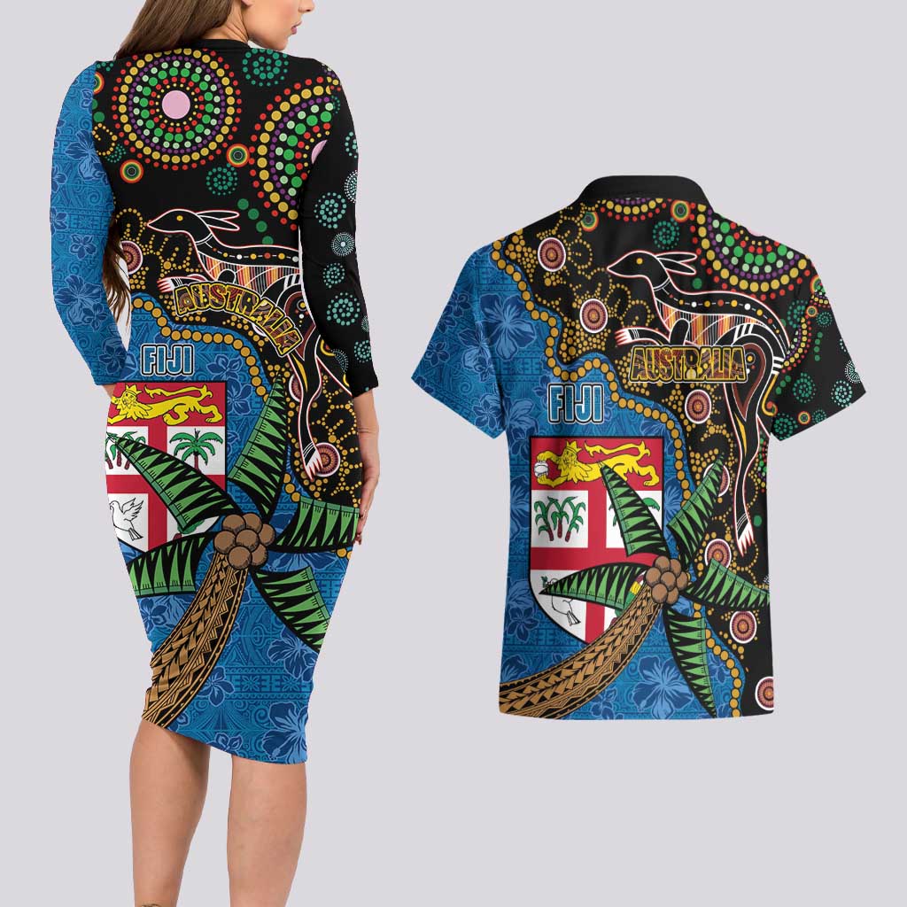 Fijian and Australian Culture Together Couples Matching Long Sleeve Bodycon Dress and Hawaiian Shirt Aboriginal Art and Tapa Motifs with Kangaroo and Palm Tree LT03 - Polynesian Pride