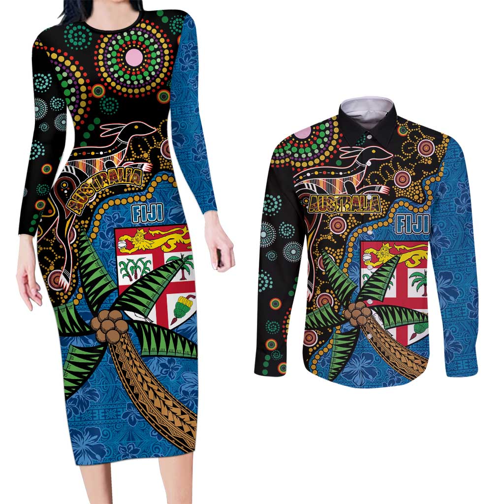 Fijian and Australian Culture Together Couples Matching Long Sleeve Bodycon Dress and Long Sleeve Button Shirt Aboriginal Art and Tapa Motifs with Kangaroo and Palm Tree LT03 Black - Polynesian Pride