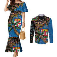 Fijian and Australian Culture Together Couples Matching Mermaid Dress and Long Sleeve Button Shirt Aboriginal Art and Tapa Motifs with Kangaroo and Palm Tree LT03 Black - Polynesian Pride