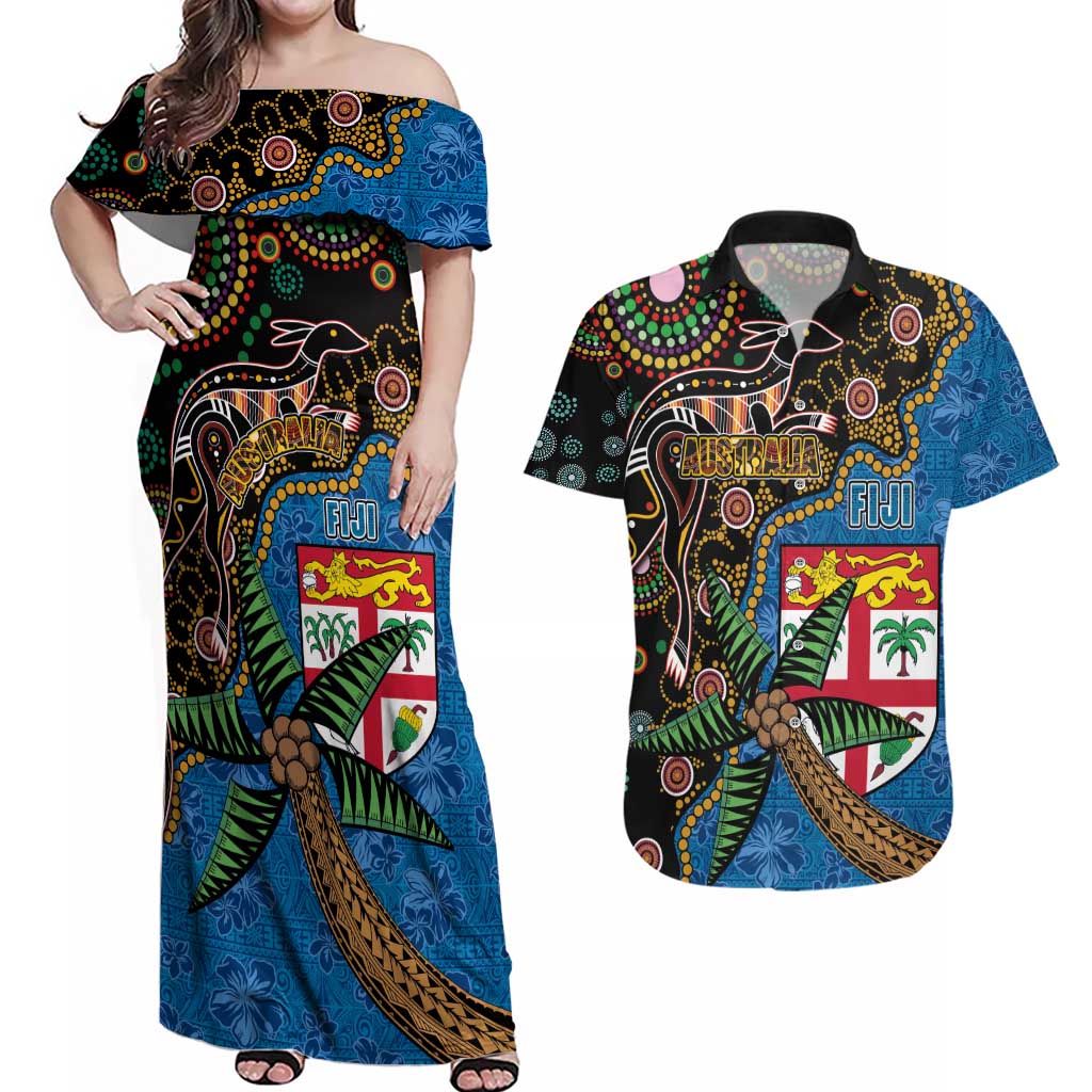 Fijian and Australian Culture Together Couples Matching Off Shoulder Maxi Dress and Hawaiian Shirt Aboriginal Art and Tapa Motifs with Kangaroo and Palm Tree LT03 Black - Polynesian Pride