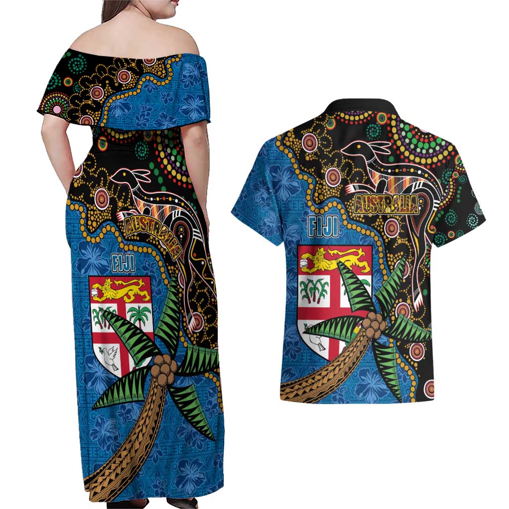 Fijian and Australian Culture Together Couples Matching Off Shoulder Maxi Dress and Hawaiian Shirt Aboriginal Art and Tapa Motifs with Kangaroo and Palm Tree LT03 - Polynesian Pride