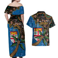 Fijian and Australian Culture Together Couples Matching Off Shoulder Maxi Dress and Hawaiian Shirt Aboriginal Art and Tapa Motifs with Kangaroo and Palm Tree LT03 - Polynesian Pride