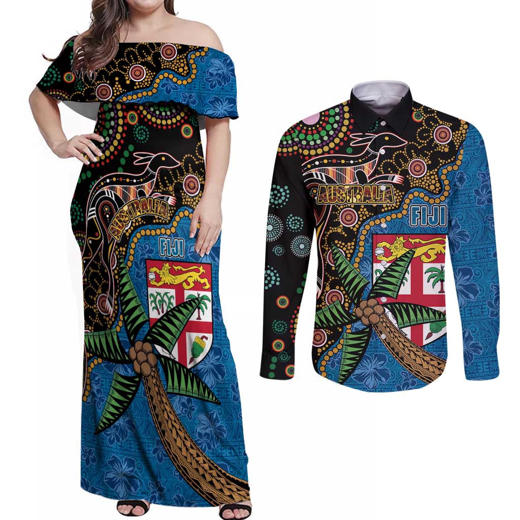 Fijian and Australian Culture Together Couples Matching Off Shoulder Maxi Dress and Long Sleeve Button Shirt Aboriginal Art and Tapa Motifs with Kangaroo and Palm Tree LT03 Black - Polynesian Pride