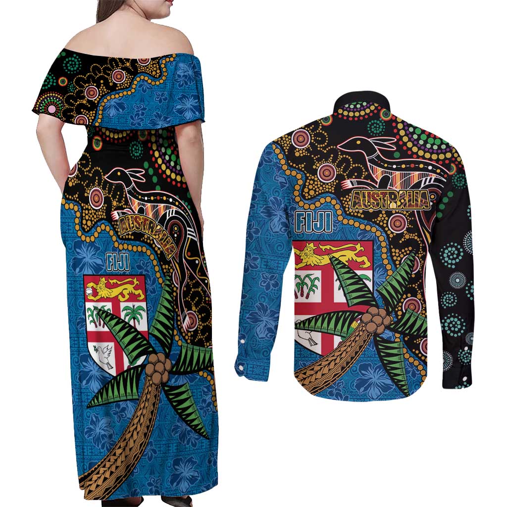 Fijian and Australian Culture Together Couples Matching Off Shoulder Maxi Dress and Long Sleeve Button Shirt Aboriginal Art and Tapa Motifs with Kangaroo and Palm Tree LT03 - Polynesian Pride