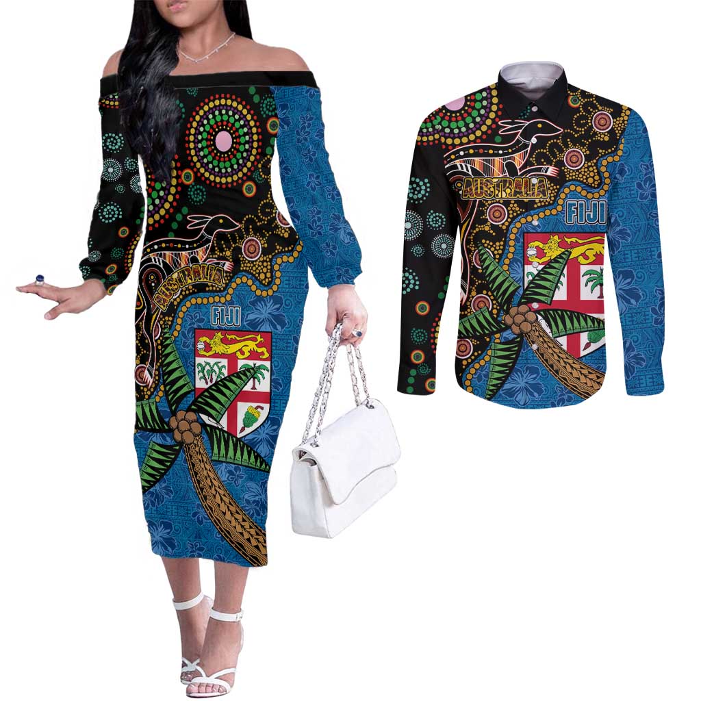 Fijian and Australian Culture Together Couples Matching Off The Shoulder Long Sleeve Dress and Long Sleeve Button Shirt Aboriginal Art and Tapa Motifs with Kangaroo and Palm Tree LT03 Black - Polynesian Pride