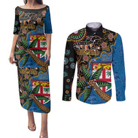 Fijian and Australian Culture Together Couples Matching Puletasi and Long Sleeve Button Shirt Aboriginal Art and Tapa Motifs with Kangaroo and Palm Tree LT03 Black - Polynesian Pride