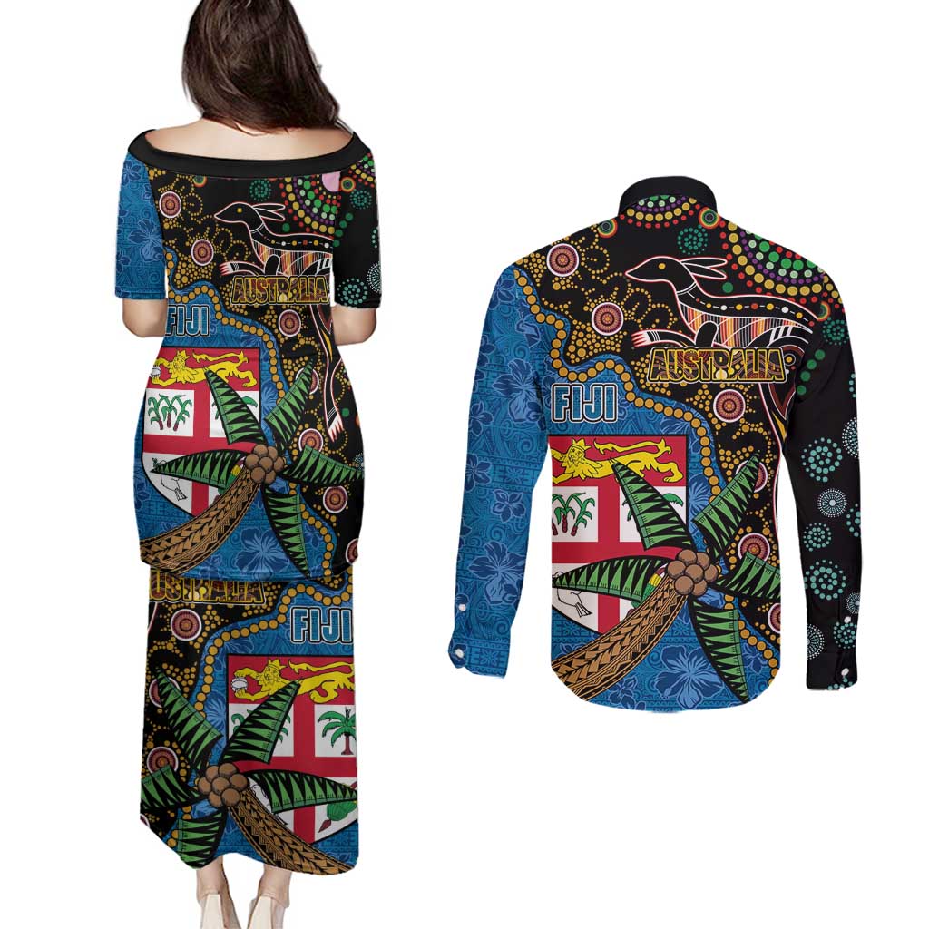 Fijian and Australian Culture Together Couples Matching Puletasi and Long Sleeve Button Shirt Aboriginal Art and Tapa Motifs with Kangaroo and Palm Tree LT03 - Polynesian Pride