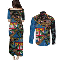 Fijian and Australian Culture Together Couples Matching Puletasi and Long Sleeve Button Shirt Aboriginal Art and Tapa Motifs with Kangaroo and Palm Tree LT03 - Polynesian Pride