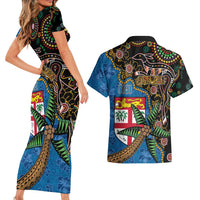 Fijian and Australian Culture Together Couples Matching Short Sleeve Bodycon Dress and Hawaiian Shirt Aboriginal Art and Tapa Motifs with Kangaroo and Palm Tree LT03 - Polynesian Pride