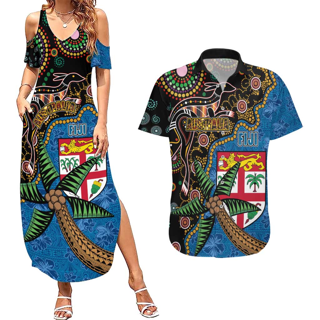 Fijian and Australian Culture Together Couples Matching Summer Maxi Dress and Hawaiian Shirt Aboriginal Art and Tapa Motifs with Kangaroo and Palm Tree LT03 Black - Polynesian Pride