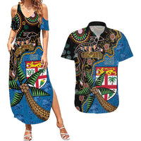 Fijian and Australian Culture Together Couples Matching Summer Maxi Dress and Hawaiian Shirt Aboriginal Art and Tapa Motifs with Kangaroo and Palm Tree LT03 Black - Polynesian Pride