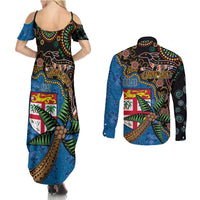 Fijian and Australian Culture Together Couples Matching Summer Maxi Dress and Long Sleeve Button Shirt Aboriginal Art and Tapa Motifs with Kangaroo and Palm Tree LT03 - Polynesian Pride