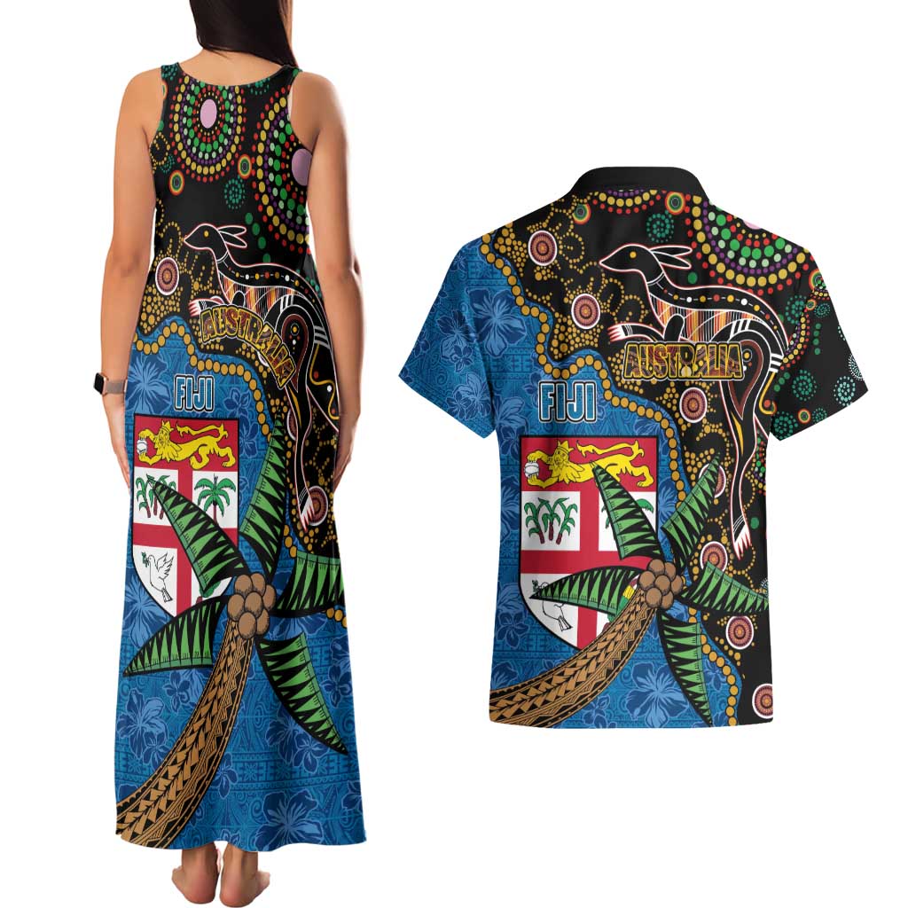 Fijian and Australian Culture Together Couples Matching Tank Maxi Dress and Hawaiian Shirt Aboriginal Art and Tapa Motifs with Kangaroo and Palm Tree LT03 - Polynesian Pride