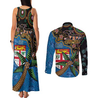 Fijian and Australian Culture Together Couples Matching Tank Maxi Dress and Long Sleeve Button Shirt Aboriginal Art and Tapa Motifs with Kangaroo and Palm Tree LT03 - Polynesian Pride