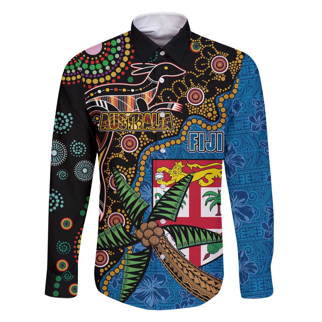 Fijian and Australian Culture Together Family Matching Long Sleeve Bodycon Dress and Hawaiian Shirt Aboriginal Art and Tapa Motifs with Kangaroo and Palm Tree LT03 Dad's Shirt - Long Sleeve Black - Polynesian Pride