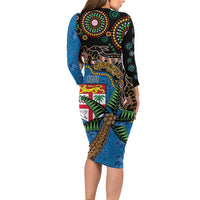Fijian and Australian Culture Together Family Matching Long Sleeve Bodycon Dress and Hawaiian Shirt Aboriginal Art and Tapa Motifs with Kangaroo and Palm Tree LT03 - Polynesian Pride