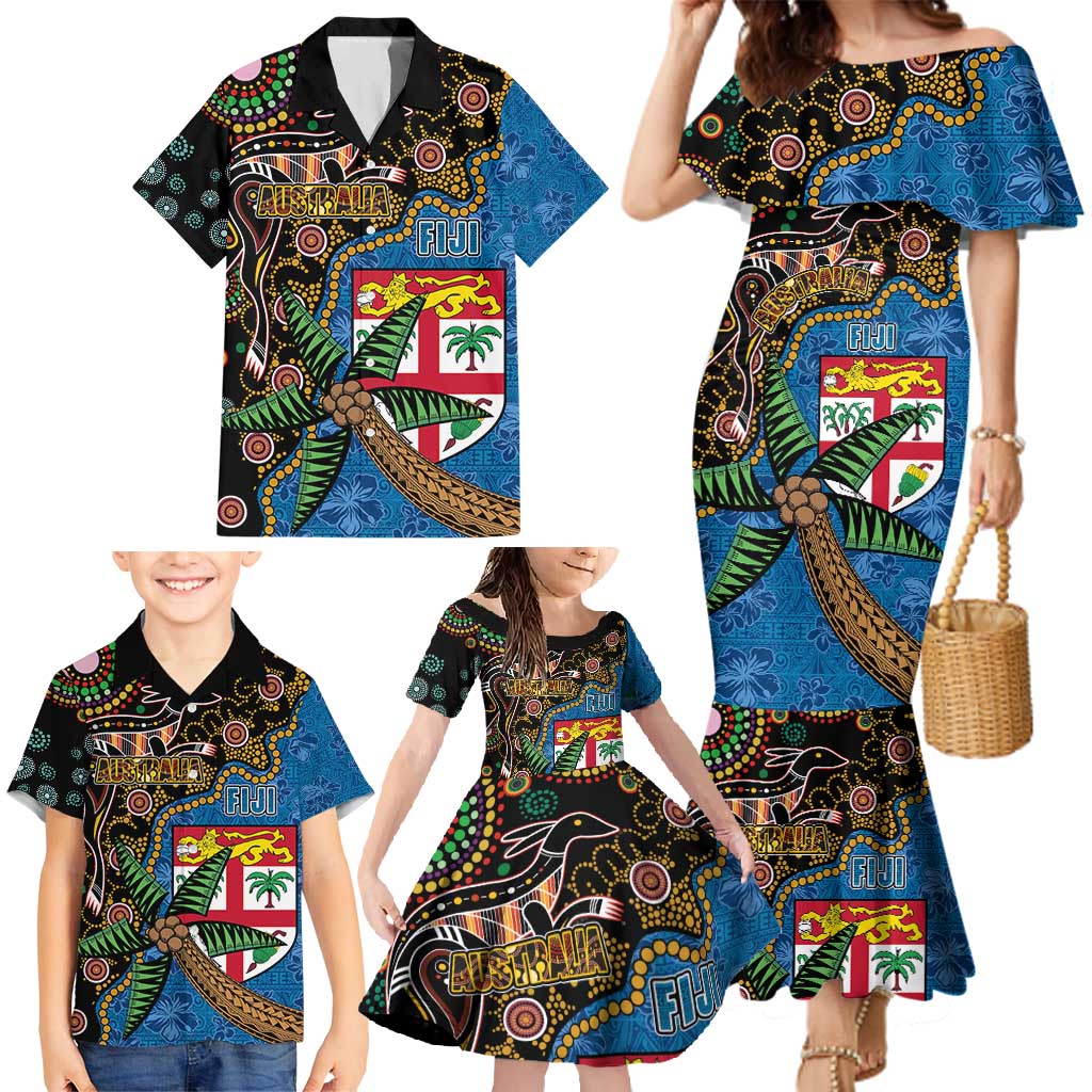 Fijian and Australian Culture Together Family Matching Mermaid Dress and Hawaiian Shirt Aboriginal Art and Tapa Motifs with Kangaroo and Palm Tree LT03 - Polynesian Pride