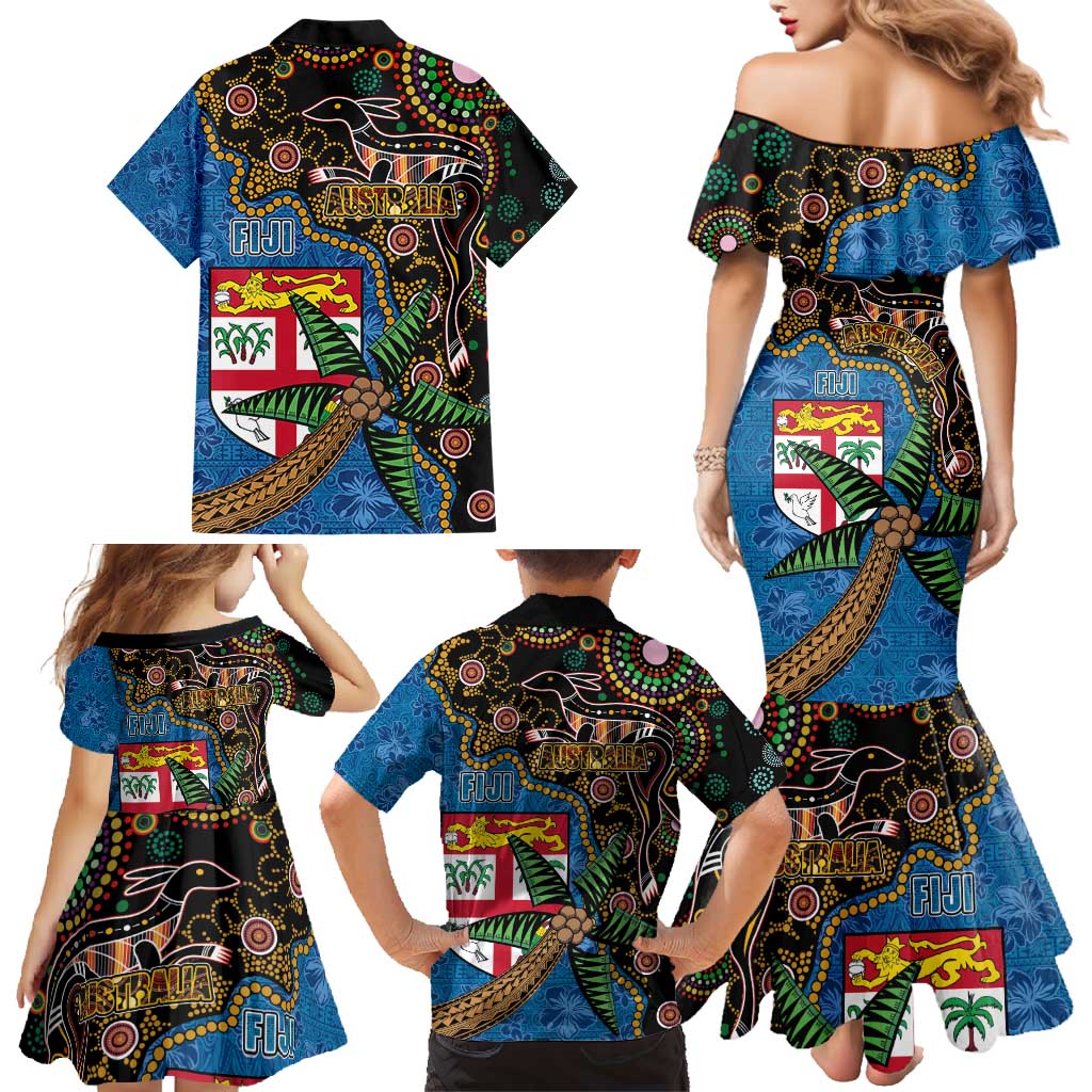 Fijian and Australian Culture Together Family Matching Mermaid Dress and Hawaiian Shirt Aboriginal Art and Tapa Motifs with Kangaroo and Palm Tree LT03 - Polynesian Pride