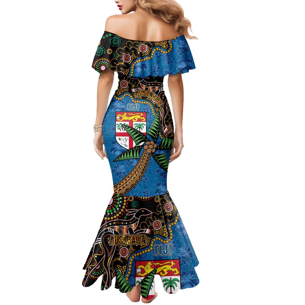 Fijian and Australian Culture Together Family Matching Mermaid Dress and Hawaiian Shirt Aboriginal Art and Tapa Motifs with Kangaroo and Palm Tree LT03 - Polynesian Pride