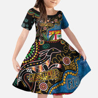 Fijian and Australian Culture Together Family Matching Off The Shoulder Long Sleeve Dress and Hawaiian Shirt Aboriginal Art and Tapa Motifs with Kangaroo and Palm Tree LT03 Daughter's Dress Black - Polynesian Pride