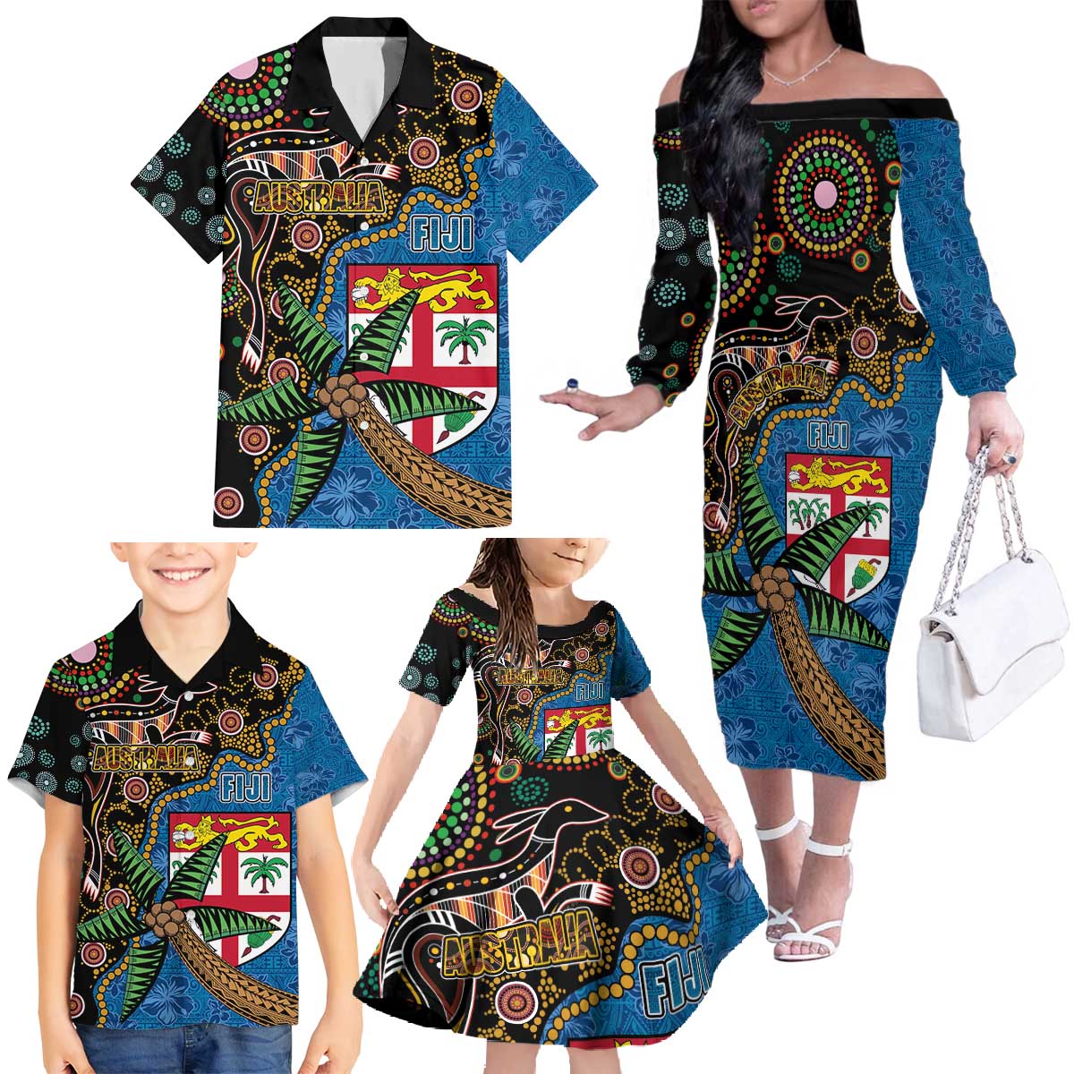 Fijian and Australian Culture Together Family Matching Off The Shoulder Long Sleeve Dress and Hawaiian Shirt Aboriginal Art and Tapa Motifs with Kangaroo and Palm Tree LT03 - Polynesian Pride