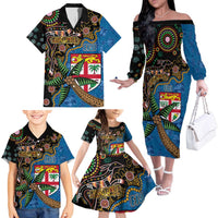 Fijian and Australian Culture Together Family Matching Off The Shoulder Long Sleeve Dress and Hawaiian Shirt Aboriginal Art and Tapa Motifs with Kangaroo and Palm Tree LT03 - Polynesian Pride