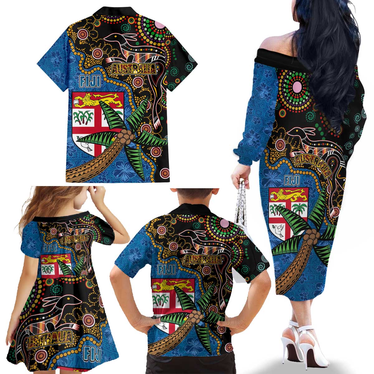 Fijian and Australian Culture Together Family Matching Off The Shoulder Long Sleeve Dress and Hawaiian Shirt Aboriginal Art and Tapa Motifs with Kangaroo and Palm Tree LT03 - Polynesian Pride