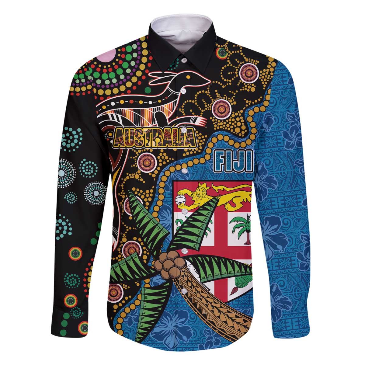Fijian and Australian Culture Together Family Matching Off The Shoulder Long Sleeve Dress and Hawaiian Shirt Aboriginal Art and Tapa Motifs with Kangaroo and Palm Tree LT03 Dad's Shirt - Long Sleeve Black - Polynesian Pride