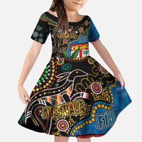 Fijian and Australian Culture Together Family Matching Off Shoulder Maxi Dress and Hawaiian Shirt Aboriginal Art and Tapa Motifs with Kangaroo and Palm Tree LT03 Daughter's Dress Black - Polynesian Pride