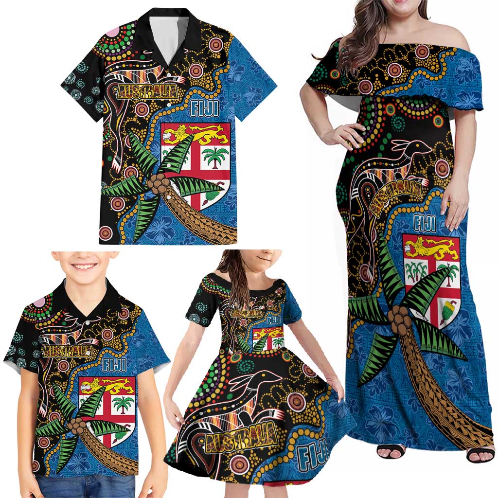 Fijian and Australian Culture Together Family Matching Off Shoulder Maxi Dress and Hawaiian Shirt Aboriginal Art and Tapa Motifs with Kangaroo and Palm Tree LT03 - Polynesian Pride