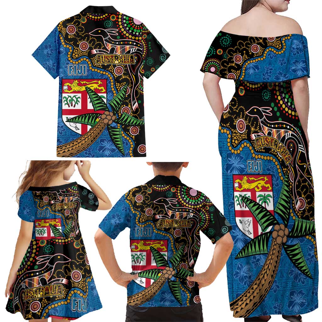 Fijian and Australian Culture Together Family Matching Off Shoulder Maxi Dress and Hawaiian Shirt Aboriginal Art and Tapa Motifs with Kangaroo and Palm Tree LT03 - Polynesian Pride
