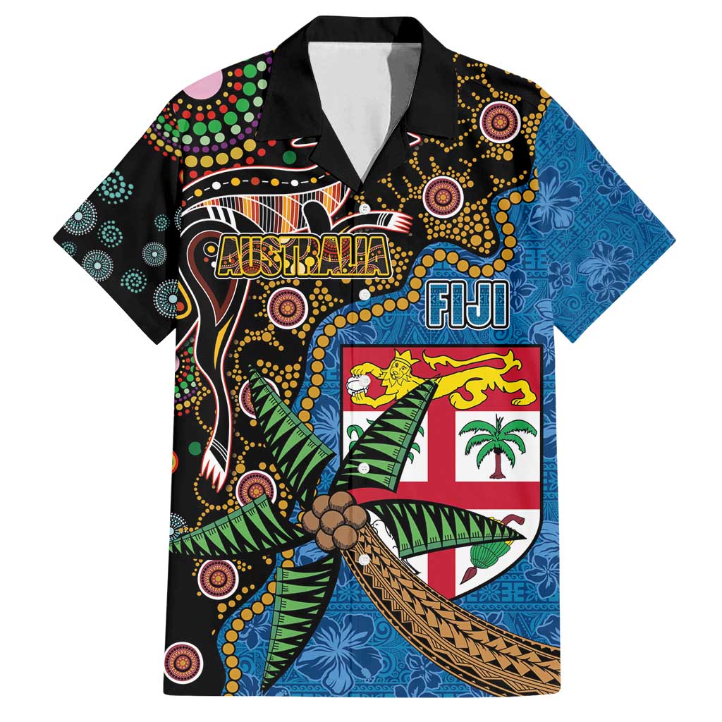Fijian and Australian Culture Together Family Matching Off Shoulder Maxi Dress and Hawaiian Shirt Aboriginal Art and Tapa Motifs with Kangaroo and Palm Tree LT03 Dad's Shirt - Short Sleeve Black - Polynesian Pride