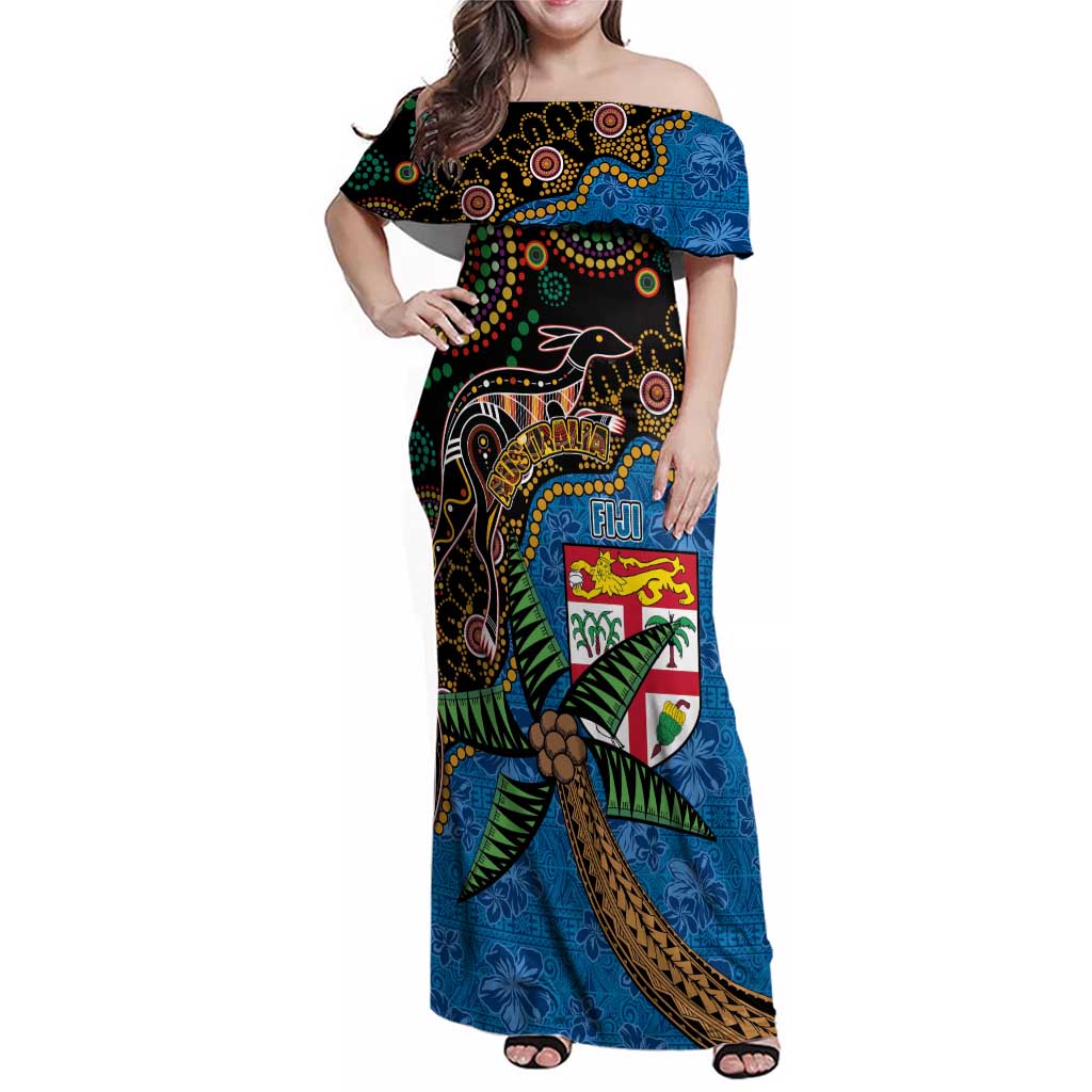 Fijian and Australian Culture Together Family Matching Off Shoulder Maxi Dress and Hawaiian Shirt Aboriginal Art and Tapa Motifs with Kangaroo and Palm Tree LT03 Mom's Dress Black - Polynesian Pride