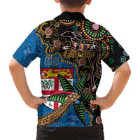 Fijian and Australian Culture Together Family Matching Off Shoulder Short Dress and Hawaiian Shirt Aboriginal Art and Tapa Motifs with Kangaroo and Palm Tree LT03 - Polynesian Pride