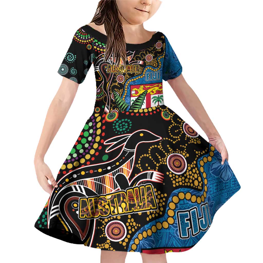 Fijian and Australian Culture Together Family Matching Off Shoulder Short Dress and Hawaiian Shirt Aboriginal Art and Tapa Motifs with Kangaroo and Palm Tree LT03 Daughter's Dress Black - Polynesian Pride