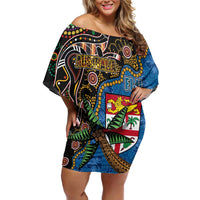 Fijian and Australian Culture Together Family Matching Off Shoulder Short Dress and Hawaiian Shirt Aboriginal Art and Tapa Motifs with Kangaroo and Palm Tree LT03 Mom's Dress Black - Polynesian Pride