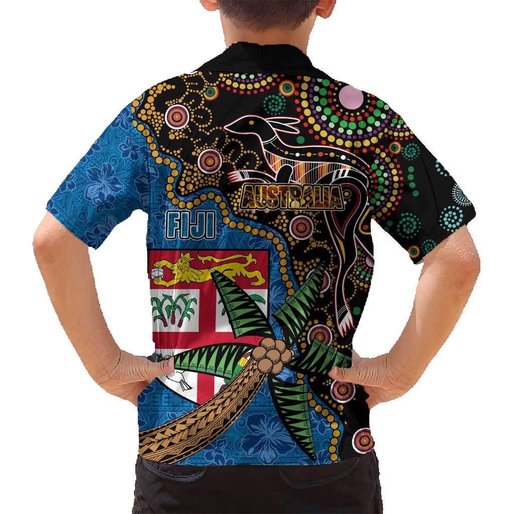Fijian and Australian Culture Together Family Matching Puletasi and Hawaiian Shirt Aboriginal Art and Tapa Motifs with Kangaroo and Palm Tree LT03 - Polynesian Pride
