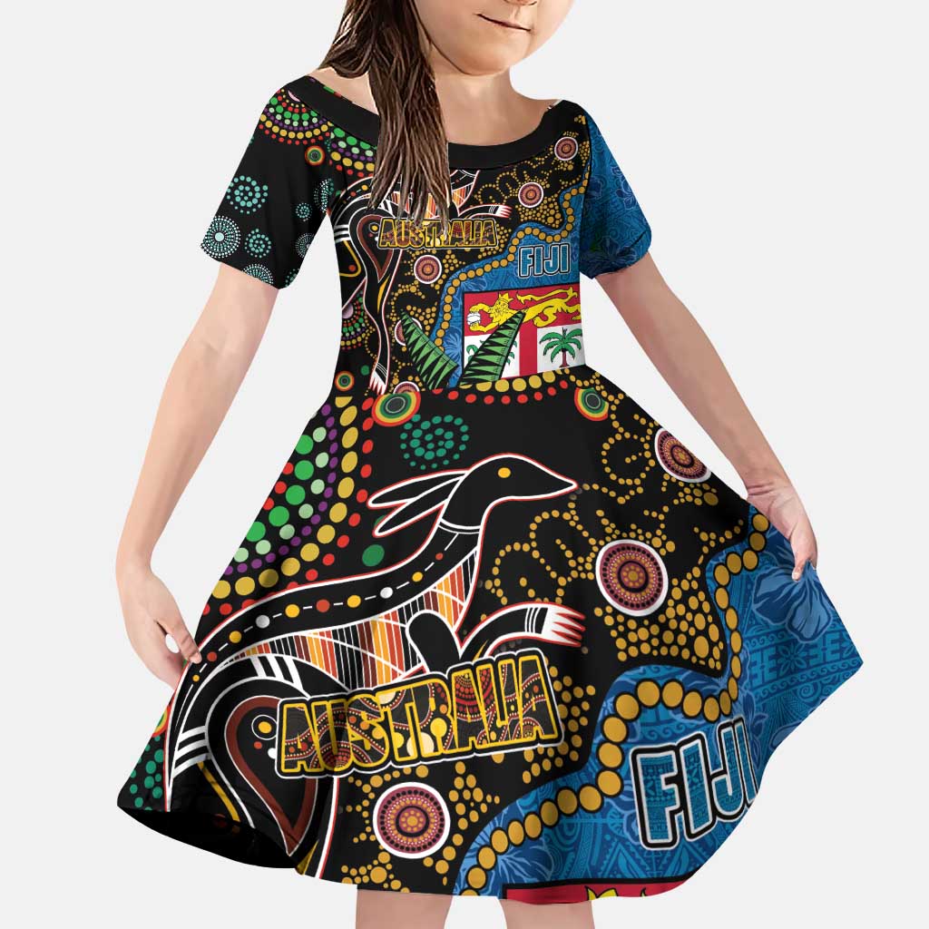 Fijian and Australian Culture Together Family Matching Puletasi and Hawaiian Shirt Aboriginal Art and Tapa Motifs with Kangaroo and Palm Tree LT03 Daughter's Dress Black - Polynesian Pride