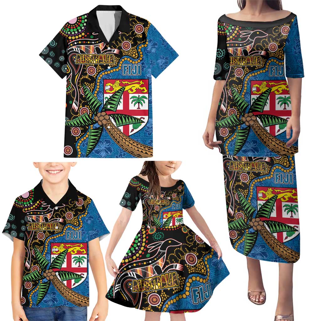 Fijian and Australian Culture Together Family Matching Puletasi and Hawaiian Shirt Aboriginal Art and Tapa Motifs with Kangaroo and Palm Tree LT03 - Polynesian Pride