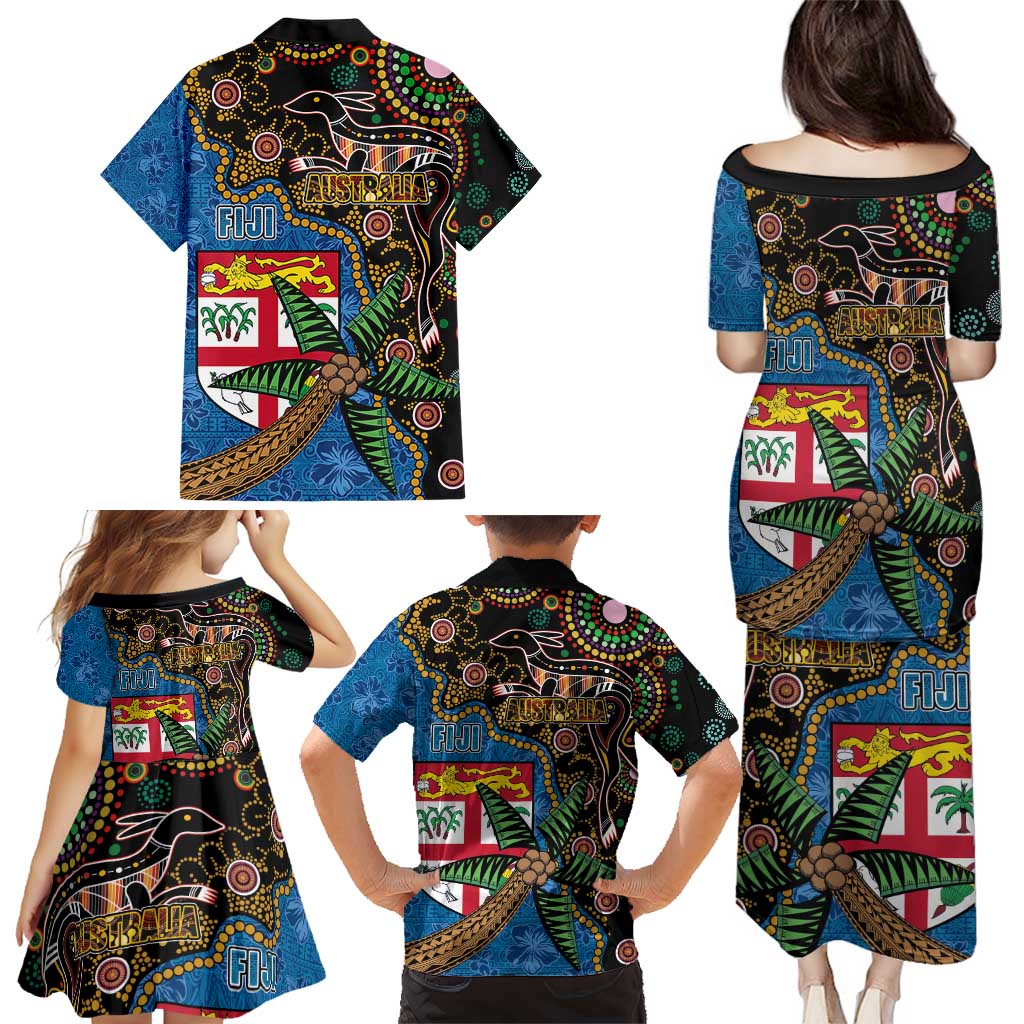 Fijian and Australian Culture Together Family Matching Puletasi and Hawaiian Shirt Aboriginal Art and Tapa Motifs with Kangaroo and Palm Tree LT03 - Polynesian Pride