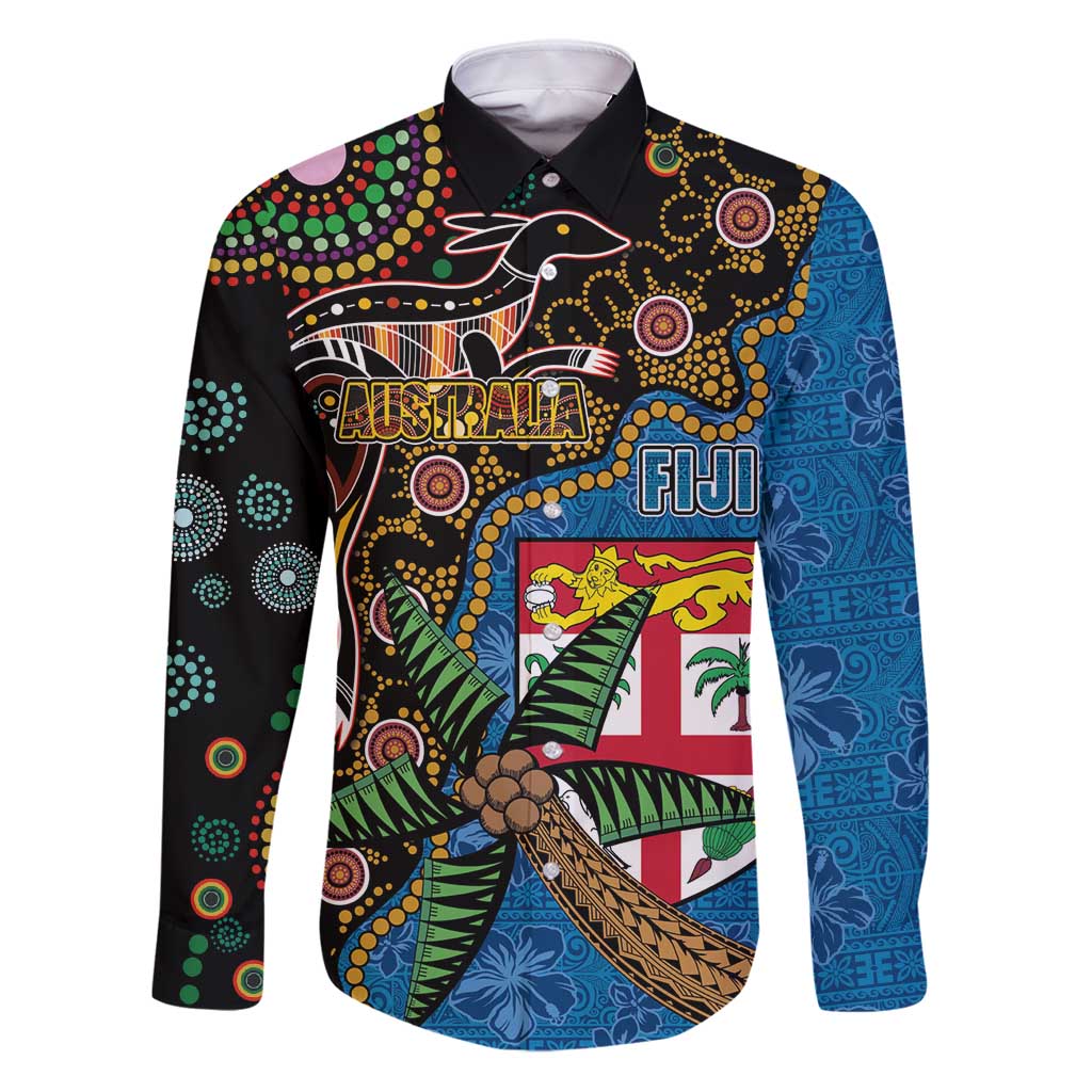 Fijian and Australian Culture Together Family Matching Puletasi and Hawaiian Shirt Aboriginal Art and Tapa Motifs with Kangaroo and Palm Tree LT03 Dad's Shirt - Long Sleeve Black - Polynesian Pride