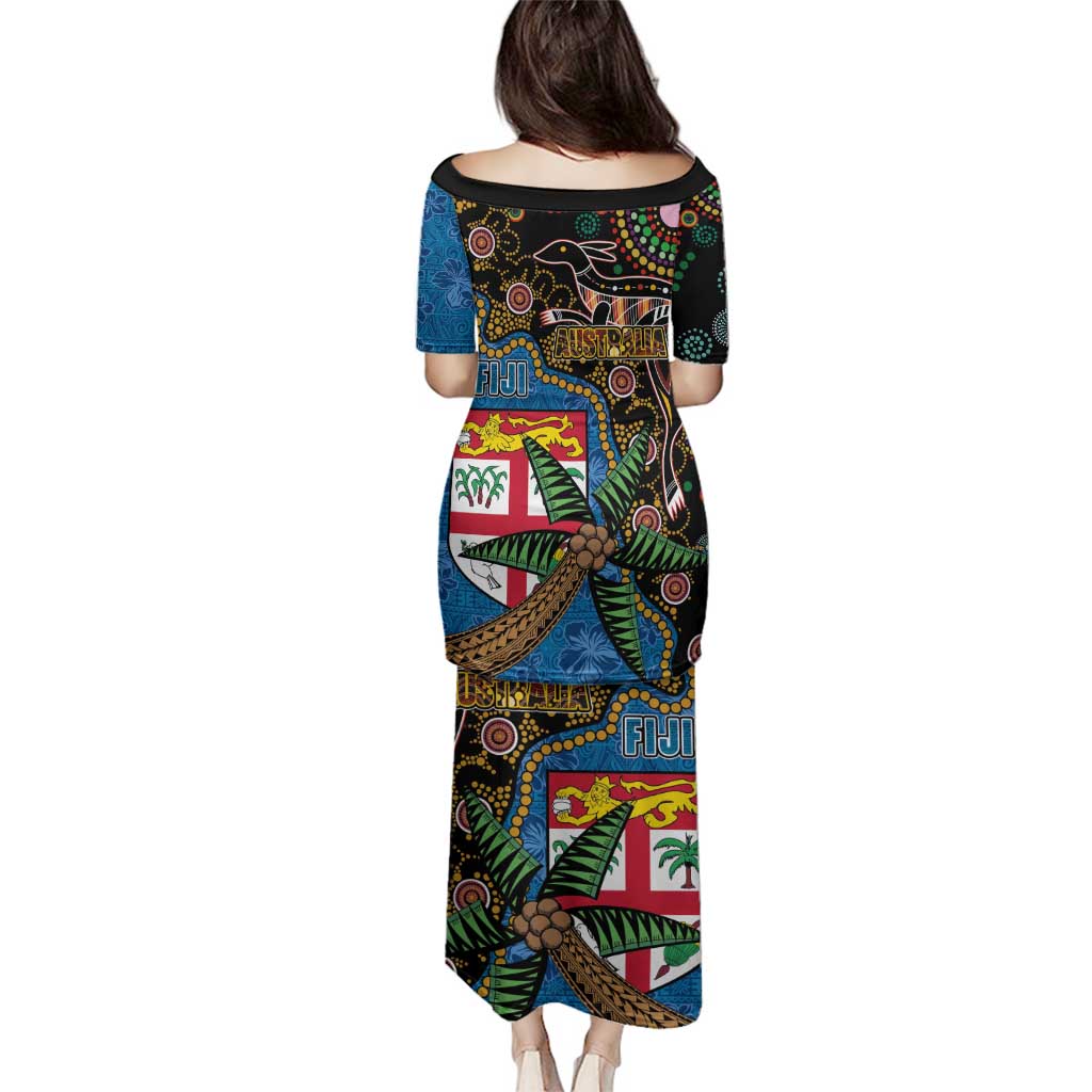 Fijian and Australian Culture Together Family Matching Puletasi and Hawaiian Shirt Aboriginal Art and Tapa Motifs with Kangaroo and Palm Tree LT03 - Polynesian Pride