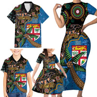 Fijian and Australian Culture Together Family Matching Short Sleeve Bodycon Dress and Hawaiian Shirt Aboriginal Art and Tapa Motifs with Kangaroo and Palm Tree LT03 - Polynesian Pride
