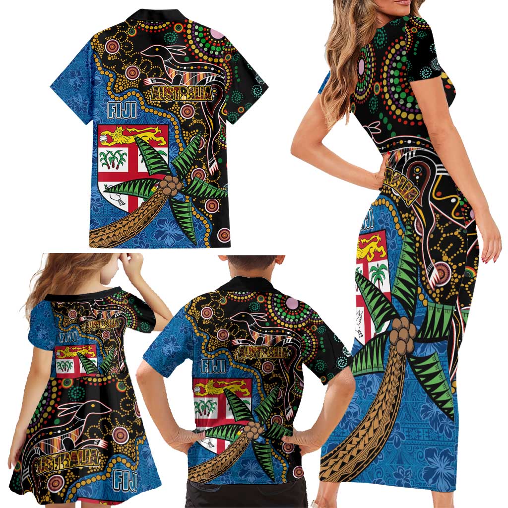 Fijian and Australian Culture Together Family Matching Short Sleeve Bodycon Dress and Hawaiian Shirt Aboriginal Art and Tapa Motifs with Kangaroo and Palm Tree LT03 - Polynesian Pride
