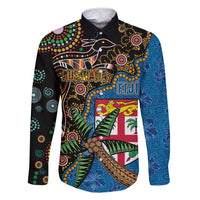 Fijian and Australian Culture Together Family Matching Short Sleeve Bodycon Dress and Hawaiian Shirt Aboriginal Art and Tapa Motifs with Kangaroo and Palm Tree LT03 Dad's Shirt - Long Sleeve Black - Polynesian Pride