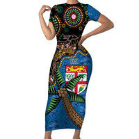 Fijian and Australian Culture Together Family Matching Short Sleeve Bodycon Dress and Hawaiian Shirt Aboriginal Art and Tapa Motifs with Kangaroo and Palm Tree LT03 Mom's Dress Black - Polynesian Pride