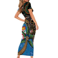 Fijian and Australian Culture Together Family Matching Short Sleeve Bodycon Dress and Hawaiian Shirt Aboriginal Art and Tapa Motifs with Kangaroo and Palm Tree LT03 - Polynesian Pride