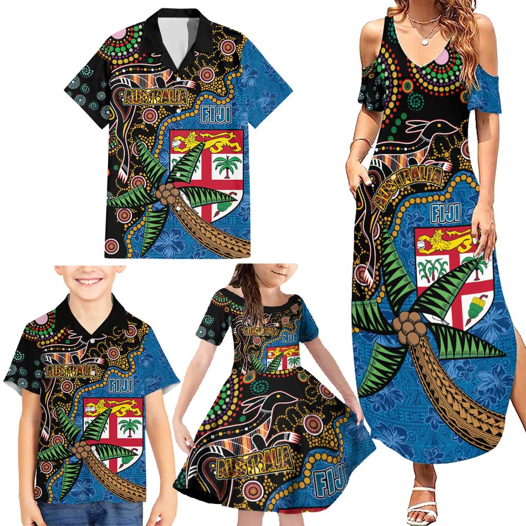 Fijian and Australian Culture Together Family Matching Summer Maxi Dress and Hawaiian Shirt Aboriginal Art and Tapa Motifs with Kangaroo and Palm Tree LT03 - Polynesian Pride