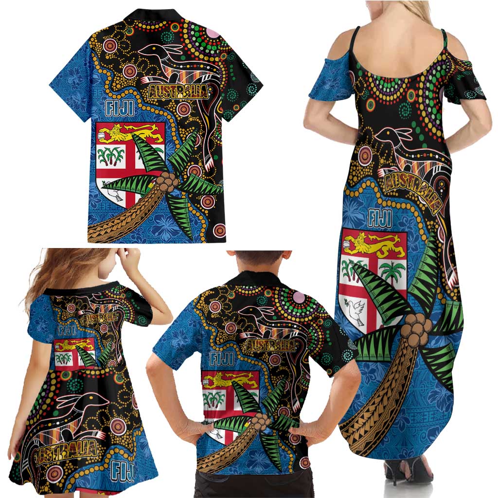 Fijian and Australian Culture Together Family Matching Summer Maxi Dress and Hawaiian Shirt Aboriginal Art and Tapa Motifs with Kangaroo and Palm Tree LT03 - Polynesian Pride