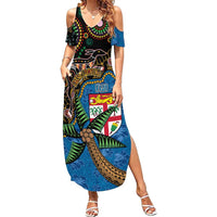 Fijian and Australian Culture Together Family Matching Summer Maxi Dress and Hawaiian Shirt Aboriginal Art and Tapa Motifs with Kangaroo and Palm Tree LT03 Mom's Dress Black - Polynesian Pride